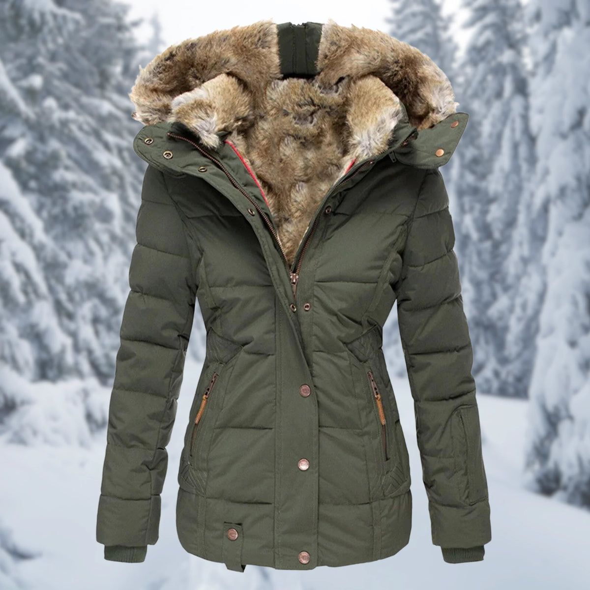 Henriette faux-fur trim hooded puffer jacket in Green