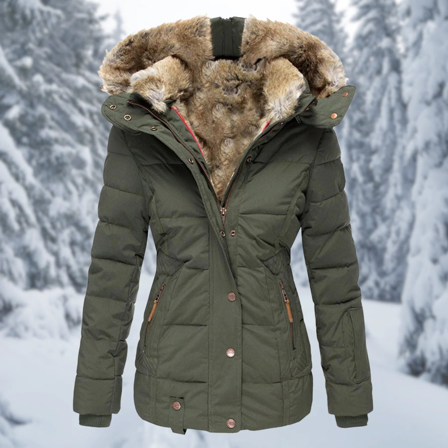 Henriette faux-fur trim hooded puffer jacket in Green