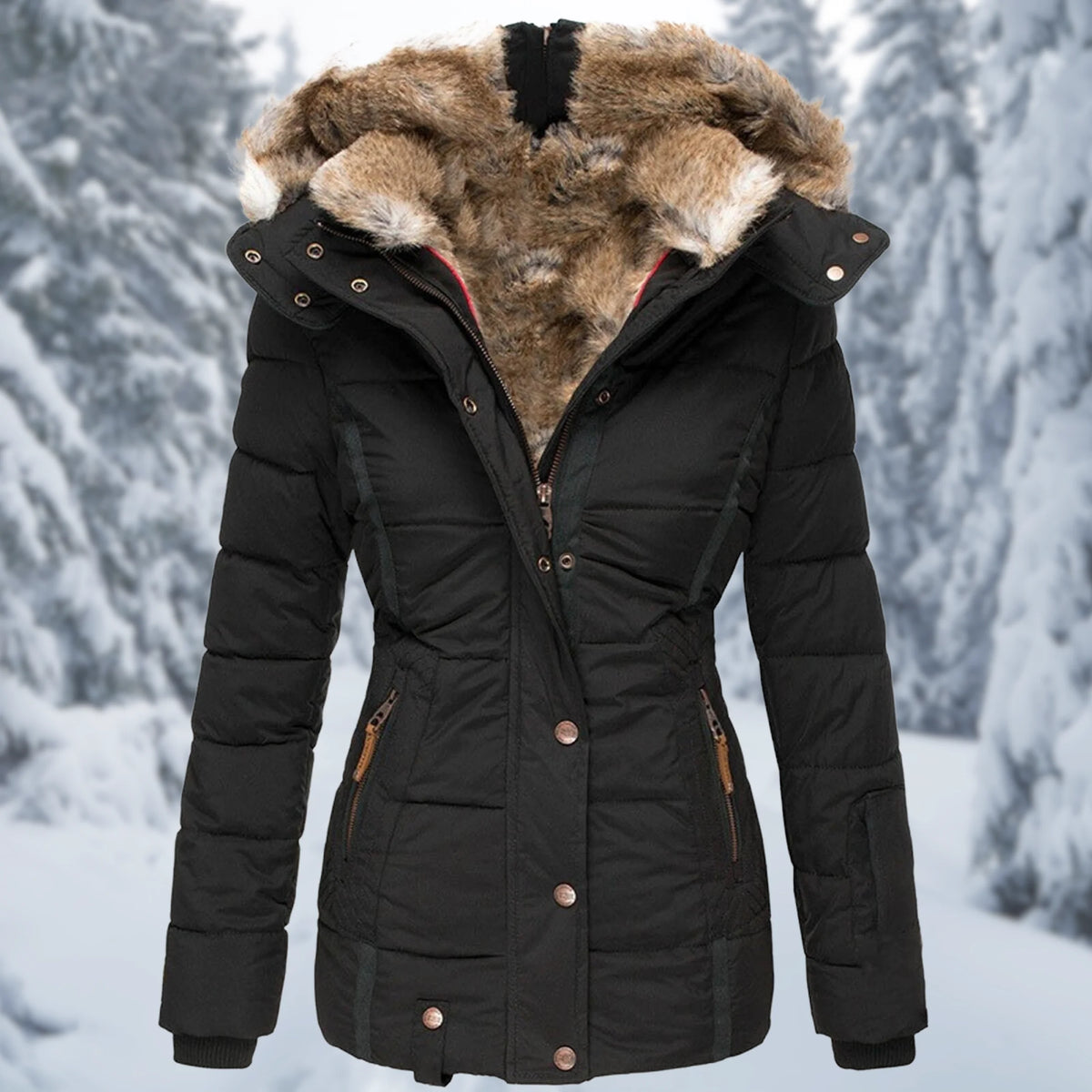 Henriette faux-fur trim hooded puffer jacket in Black