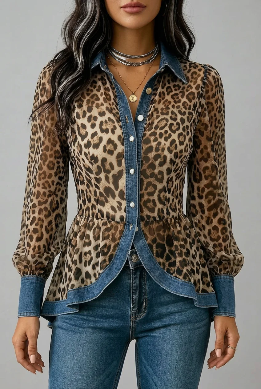 Leopard Fablenne™ | Leopard Print Denim Panel Contrast Longline Jacket