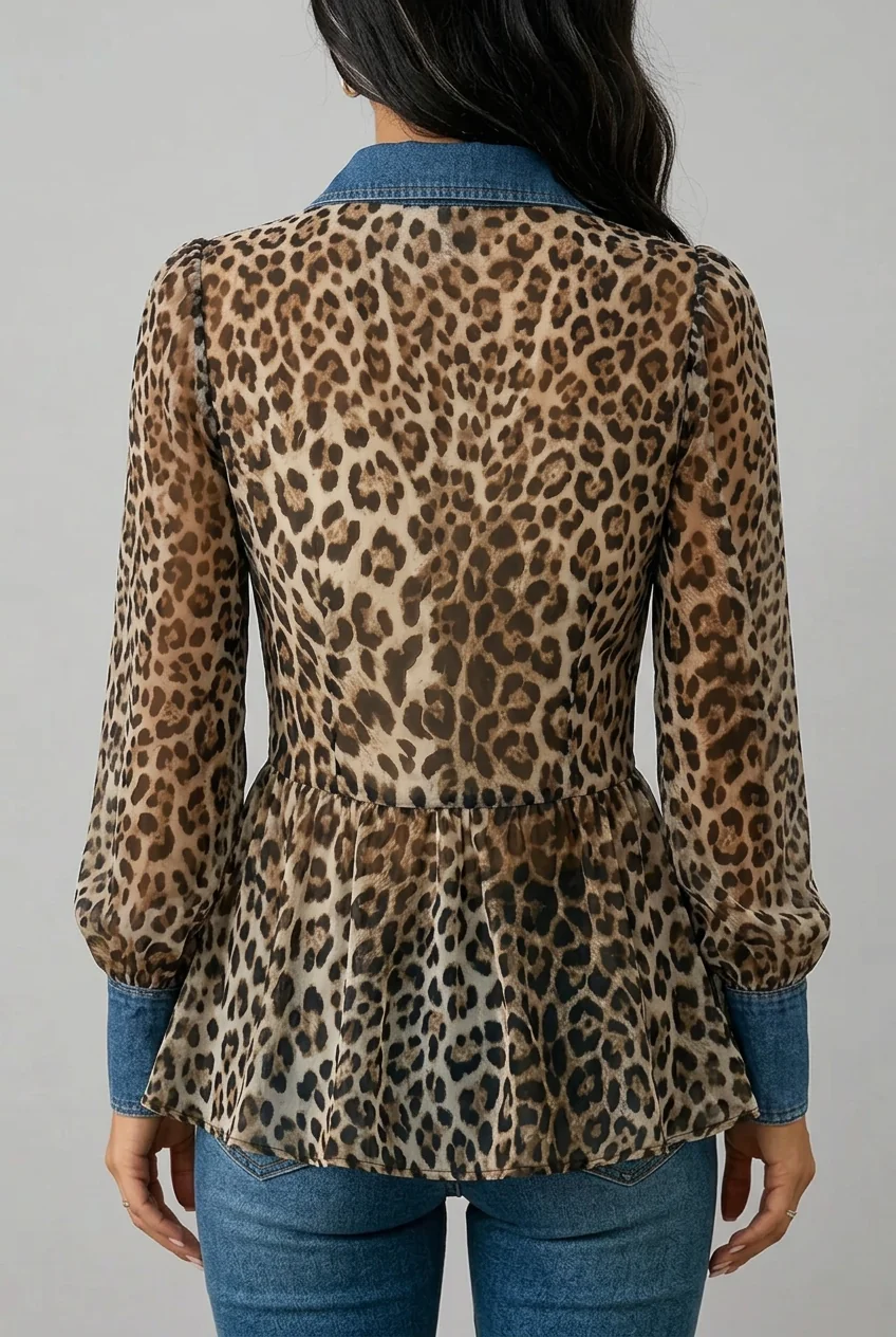 Fablenne™ | Leopard Print Denim Panel Contrast Longline Jacket
