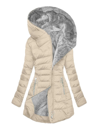 Long Hooded Quilted Puffer Coat in Beige