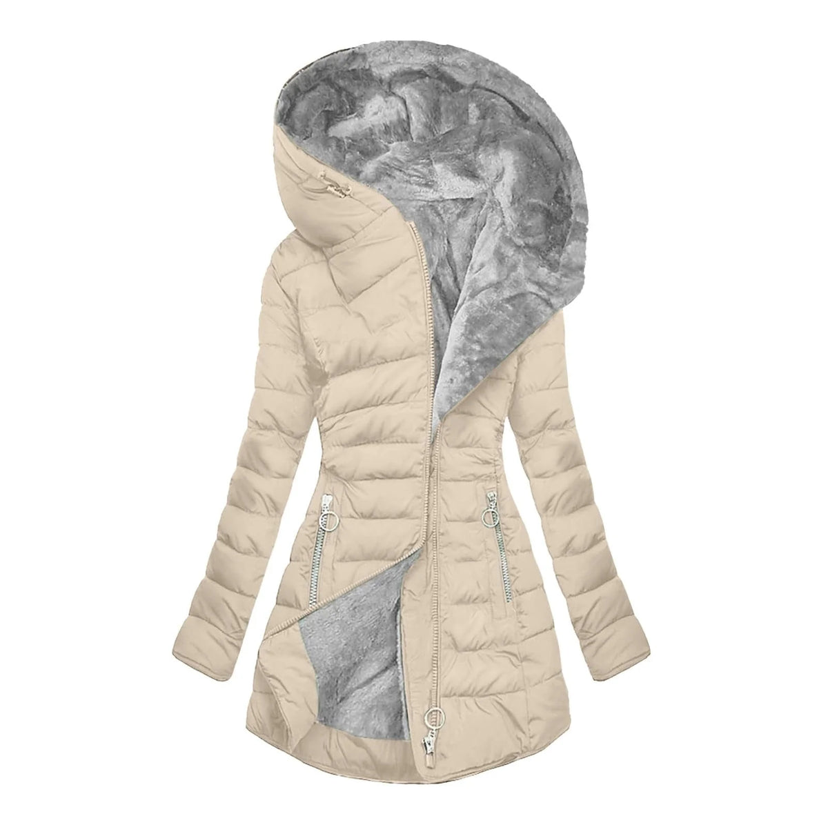 Long Hooded Quilted Puffer Coat in Beige