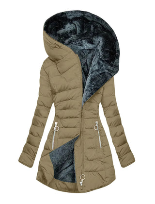 Long Hooded Quilted Puffer Coat in Khaki