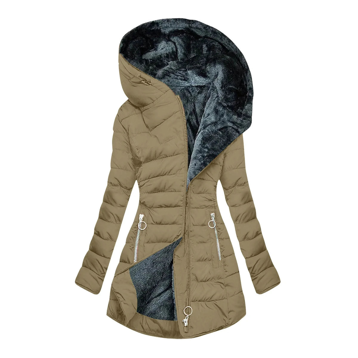 Long Hooded Quilted Puffer Coat in Khaki