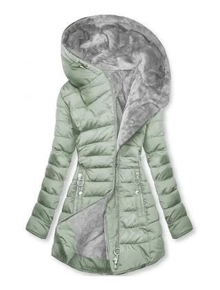 Long Hooded Quilted Puffer Coat in Sage Green