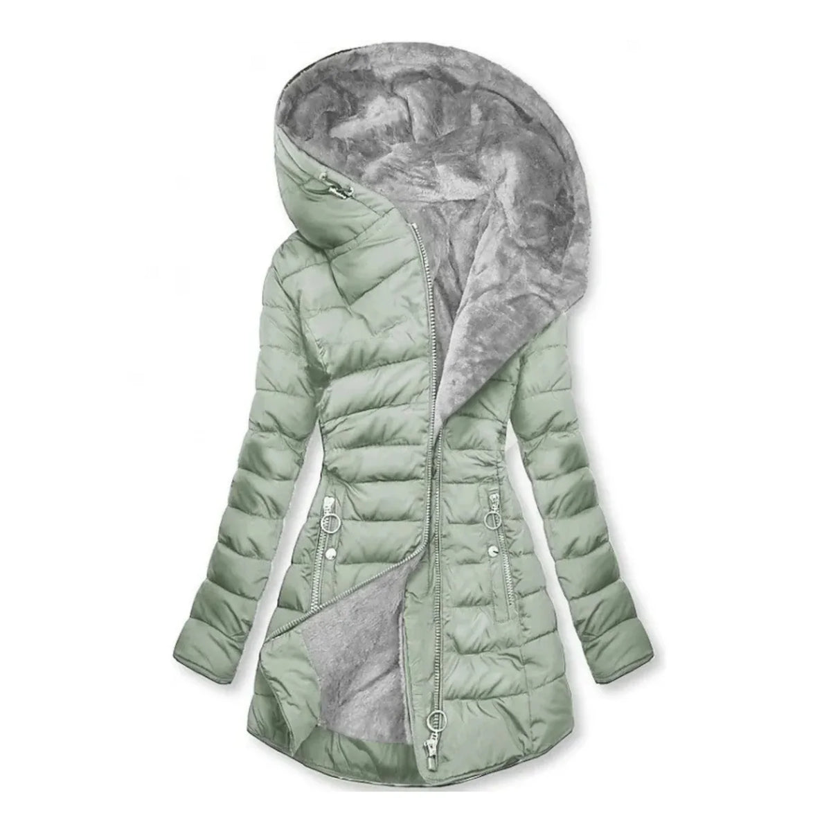 Long Hooded Quilted Puffer Coat in Sage Green