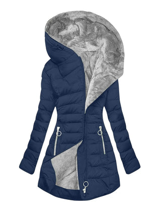 Long Hooded Quilted Puffer Coat in Navy