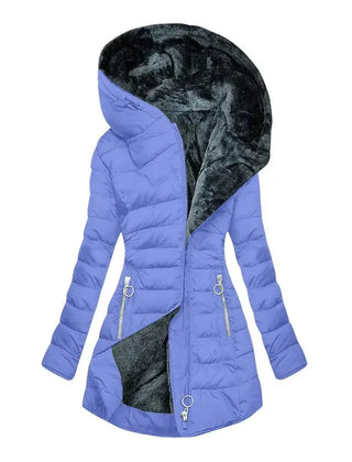 Long Hooded Quilted Puffer Coat in Light Blue