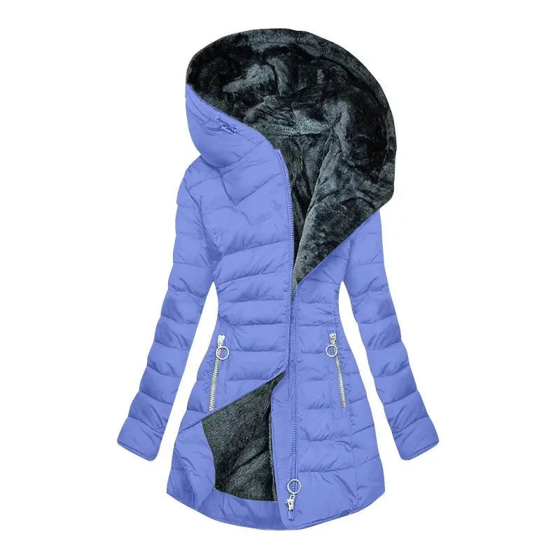 Long Hooded Quilted Puffer Coat in Light Blue