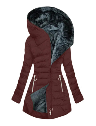 Long Hooded Quilted Puffer Coat in Burgundy