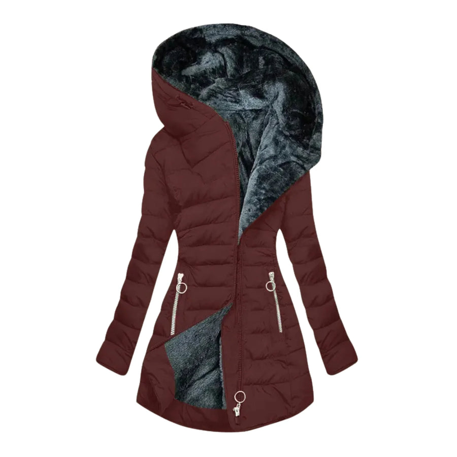 Long Hooded Quilted Puffer Coat in Burgundy
