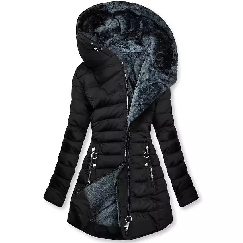 Long Hooded Quilted Puffer Coat in Black