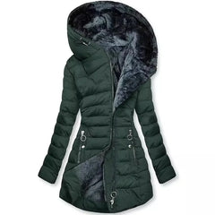 Long Hooded Quilted Puffer Coat in Dark Green