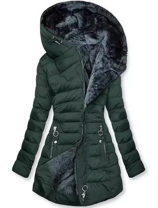 Long Hooded Quilted Puffer Coat in Dark Green