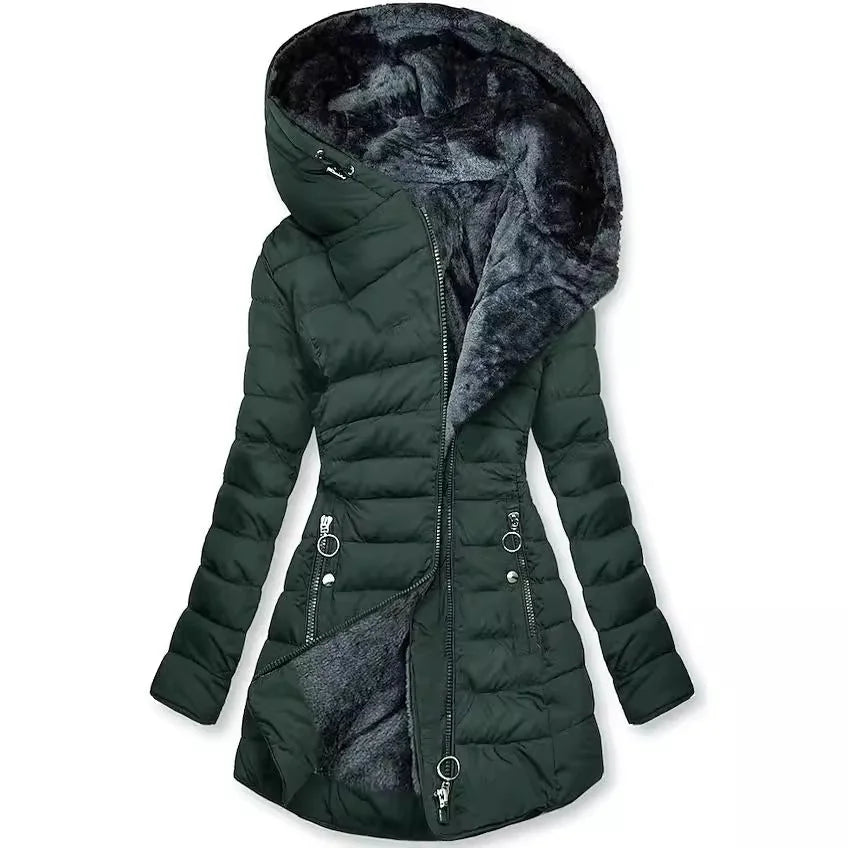 Long Hooded Quilted Puffer Coat in Dark Green