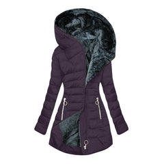 Long Hooded Quilted Puffer Coat in Plum