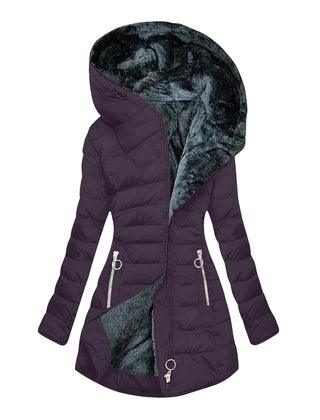 Long Hooded Quilted Puffer Coat in Plum