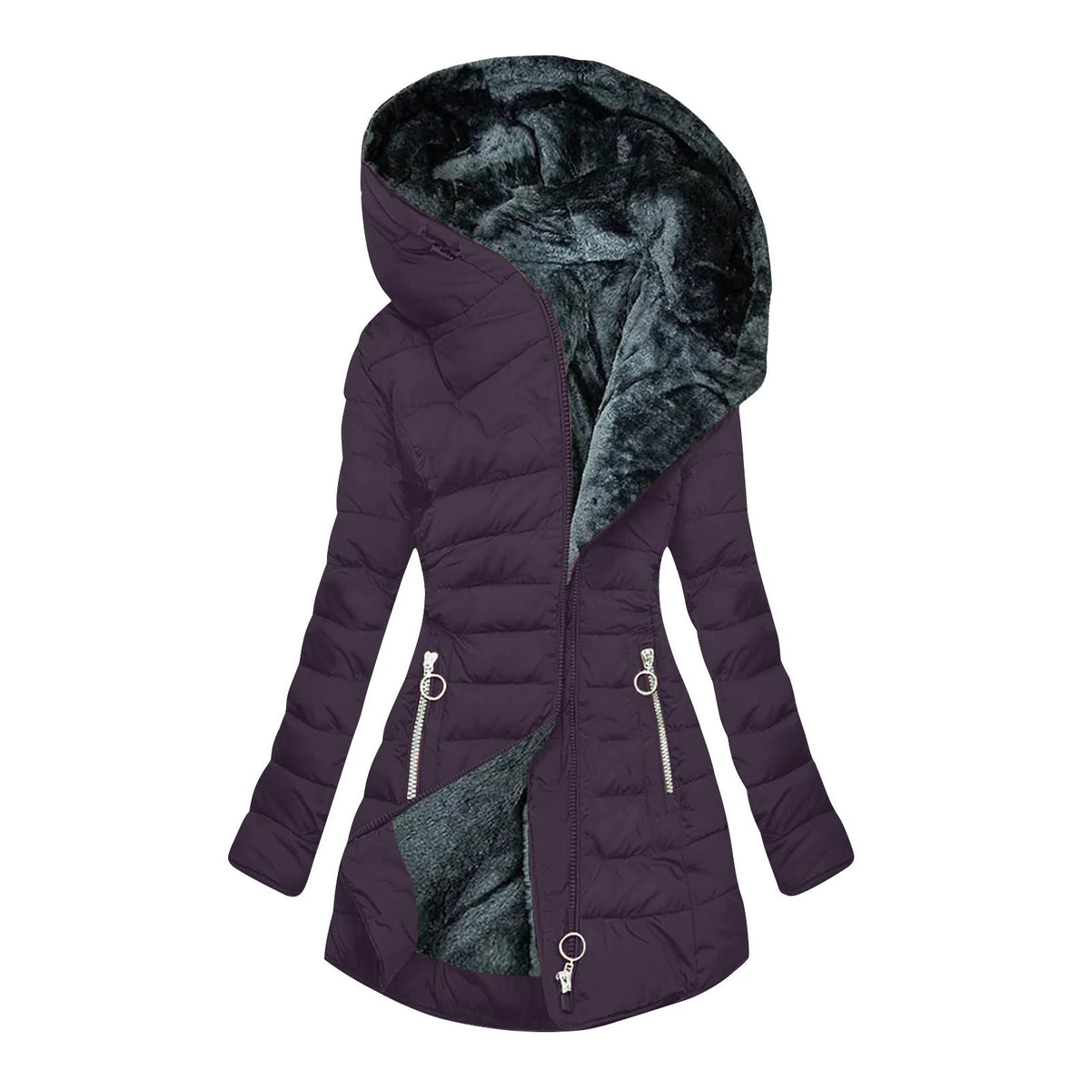 Long Hooded Quilted Puffer Coat in Plum