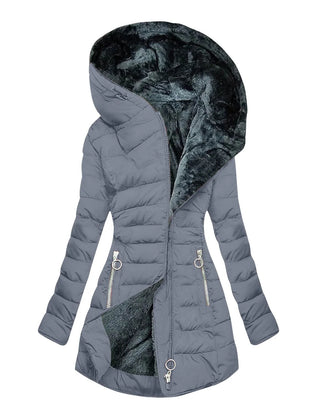Long Hooded Quilted Puffer Coat in Gray