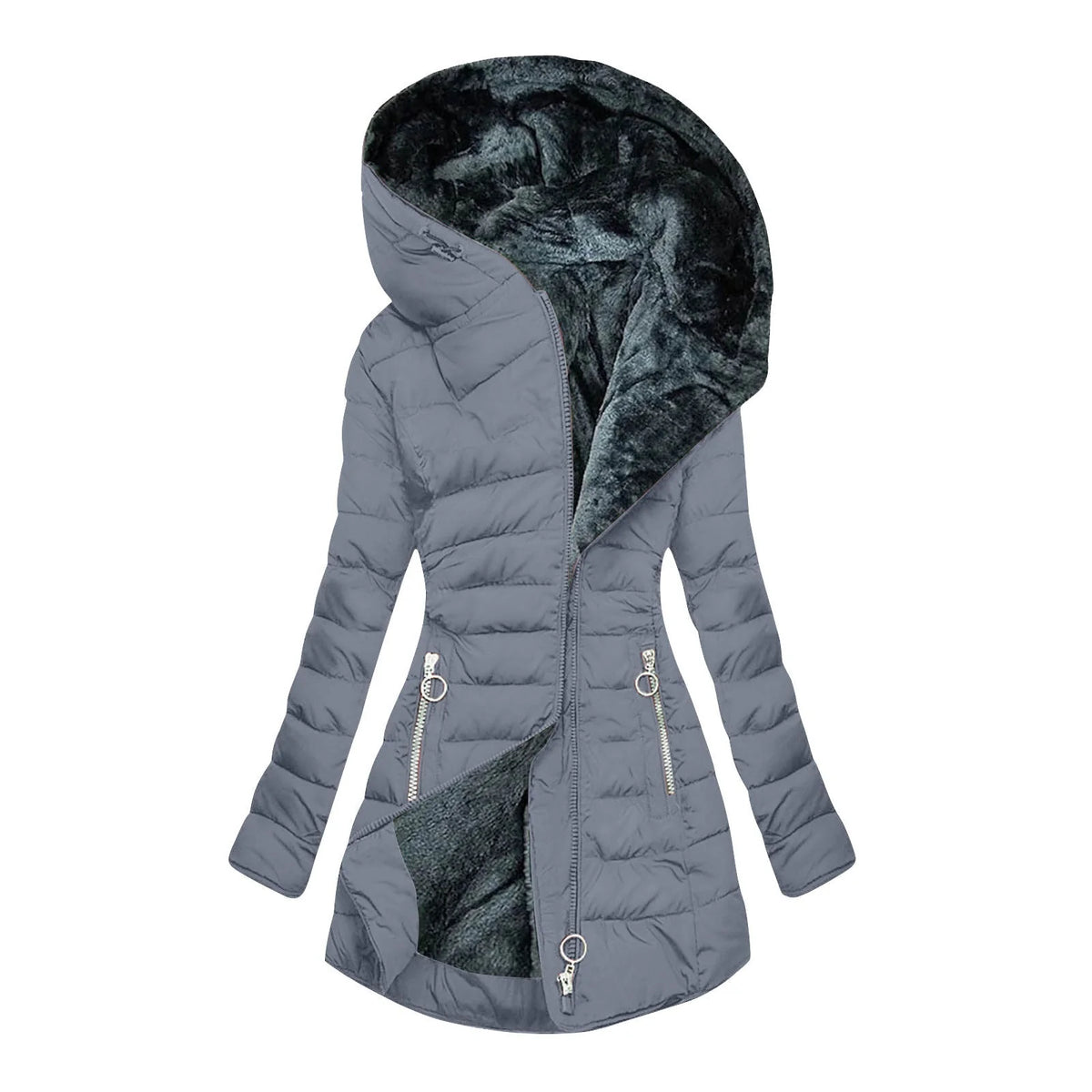 Long Hooded Quilted Puffer Coat in Gray