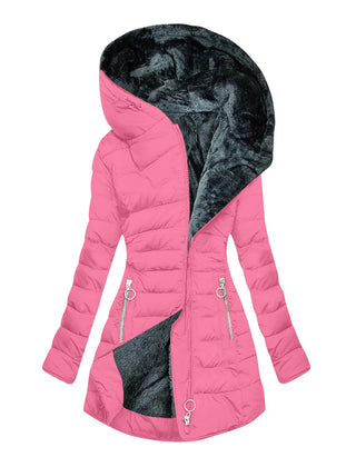 Long Hooded Quilted Puffer Coat in Pink