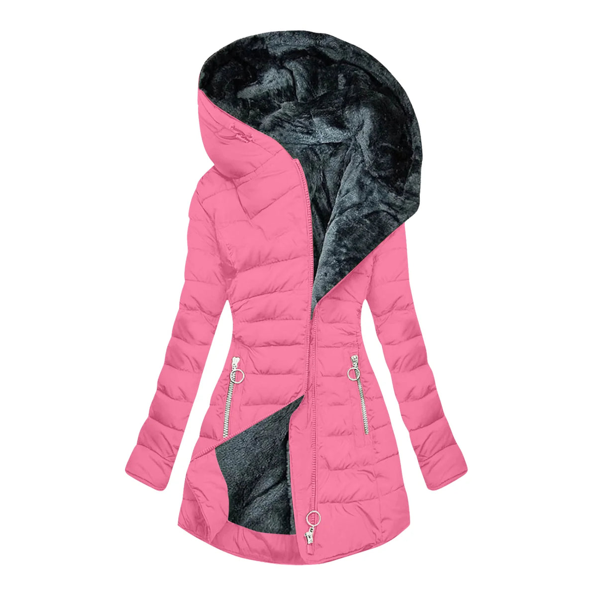 Long Hooded Quilted Puffer Coat in Pink
