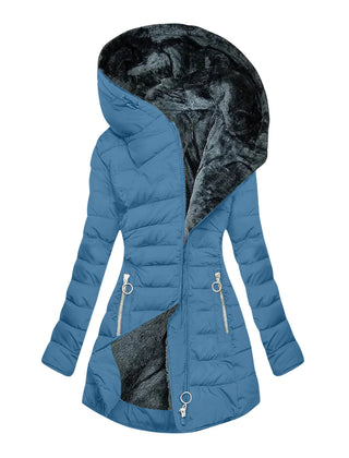 Long Hooded Quilted Puffer Coat in Blue