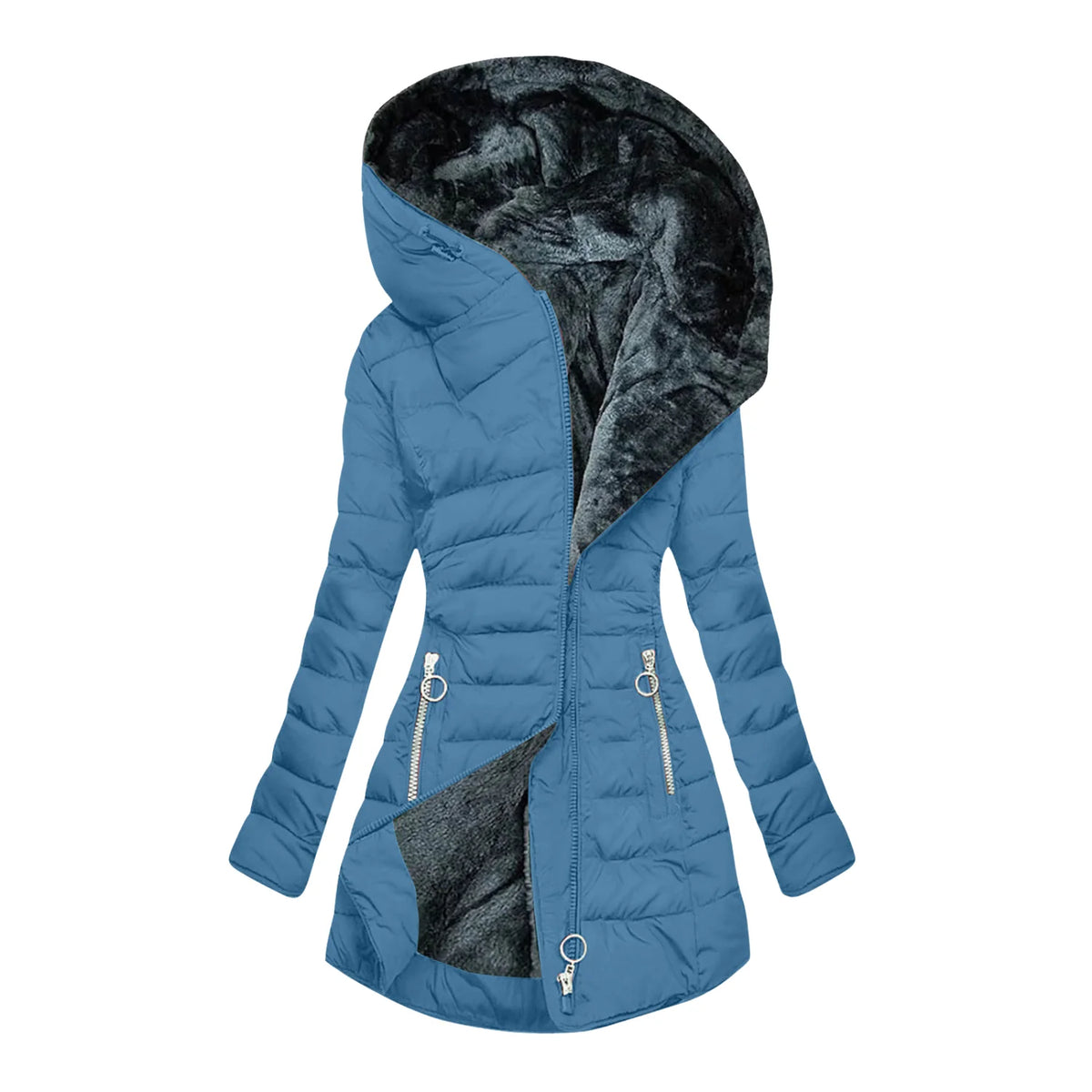 Long Hooded Quilted Puffer Coat in Blue