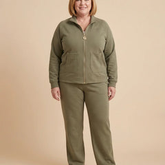 Zip Jacket & Wide-Leg Pant Lounge Set worn by a woman with curves