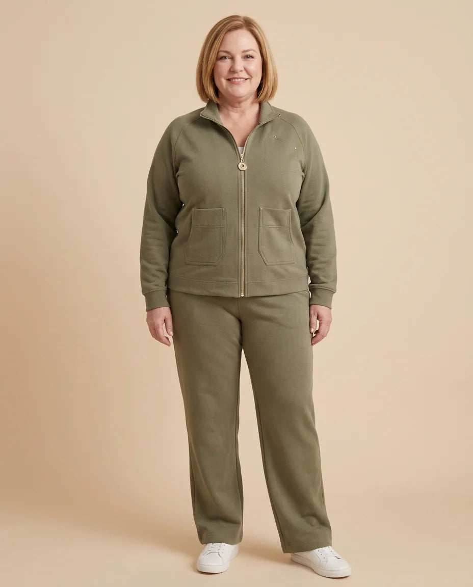 Zip Jacket & Wide-Leg Pant Lounge Set worn by a woman with curves