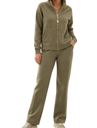 Zip Jacket & Wide-Leg Pant Lounge Set in Olive Green