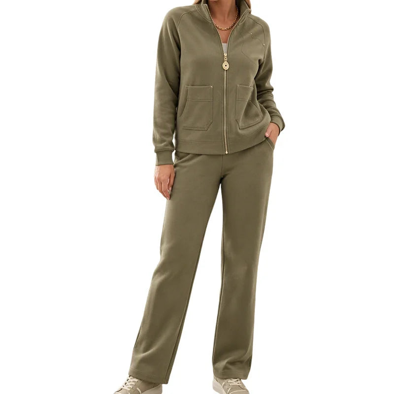 Zip Jacket & Wide-Leg Pant Lounge Set in Olive Green