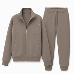Zip Jacket & Wide-Leg Pant Lounge Set in Taupe