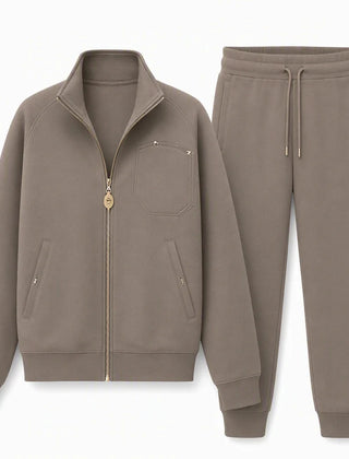 Zip Jacket & Wide-Leg Pant Lounge Set in Taupe