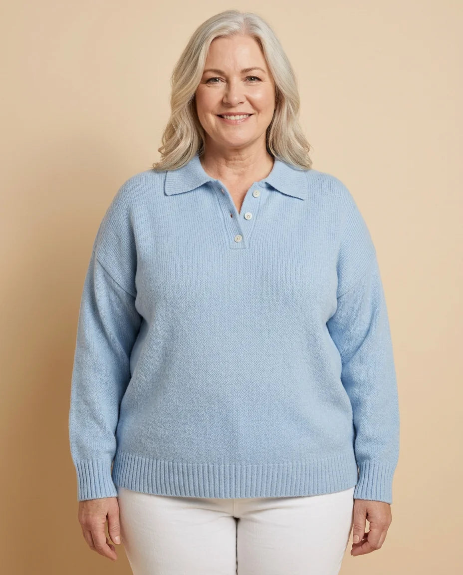 Relaxed Polo Collar Sweater worn by a woman with curves