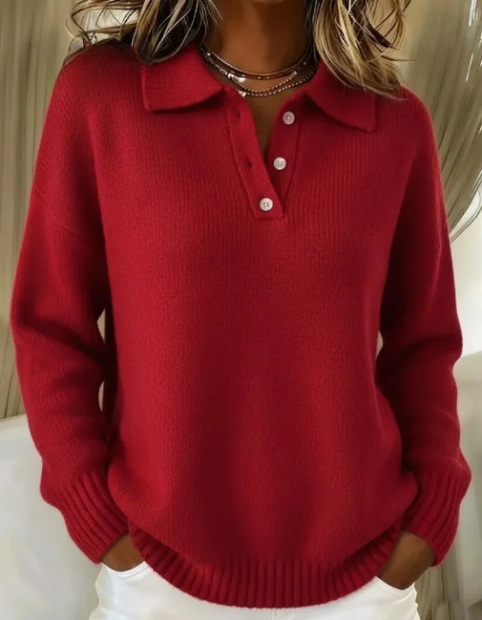 Relaxed Polo Collar Sweater in Red