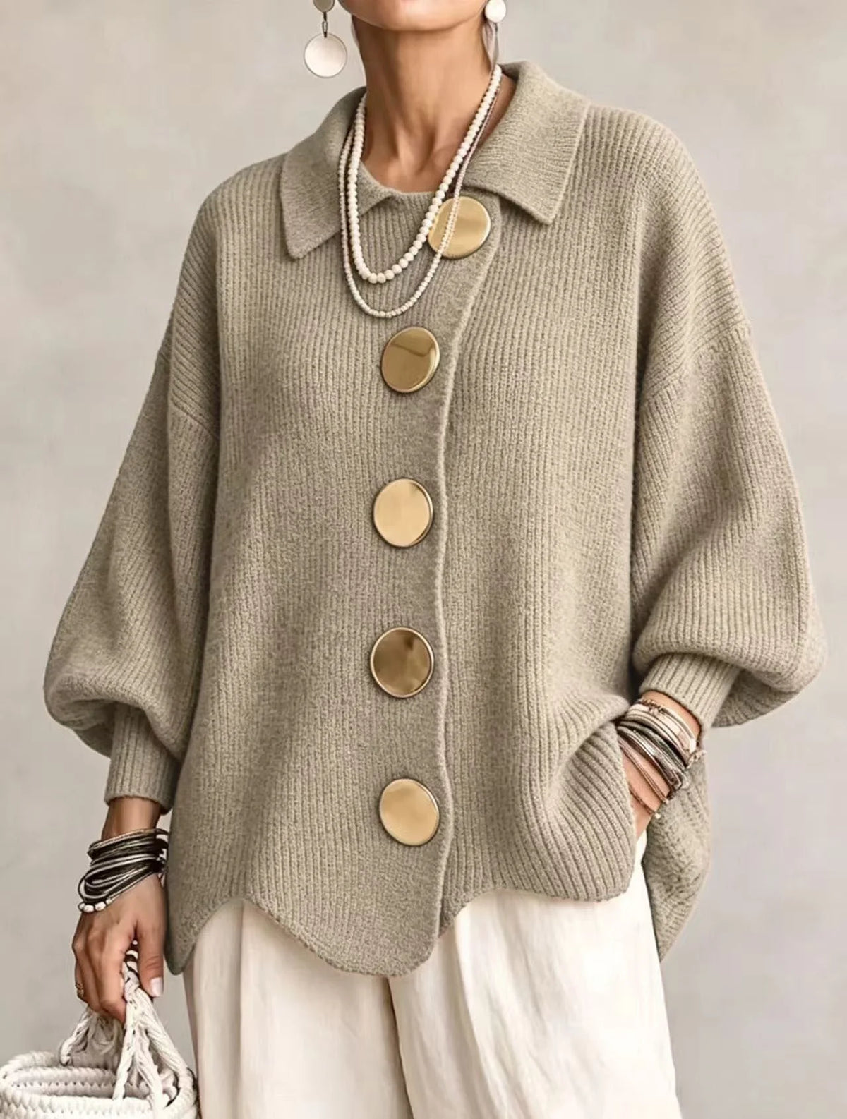 Isadora Oversized Button Cardigan in Khaki