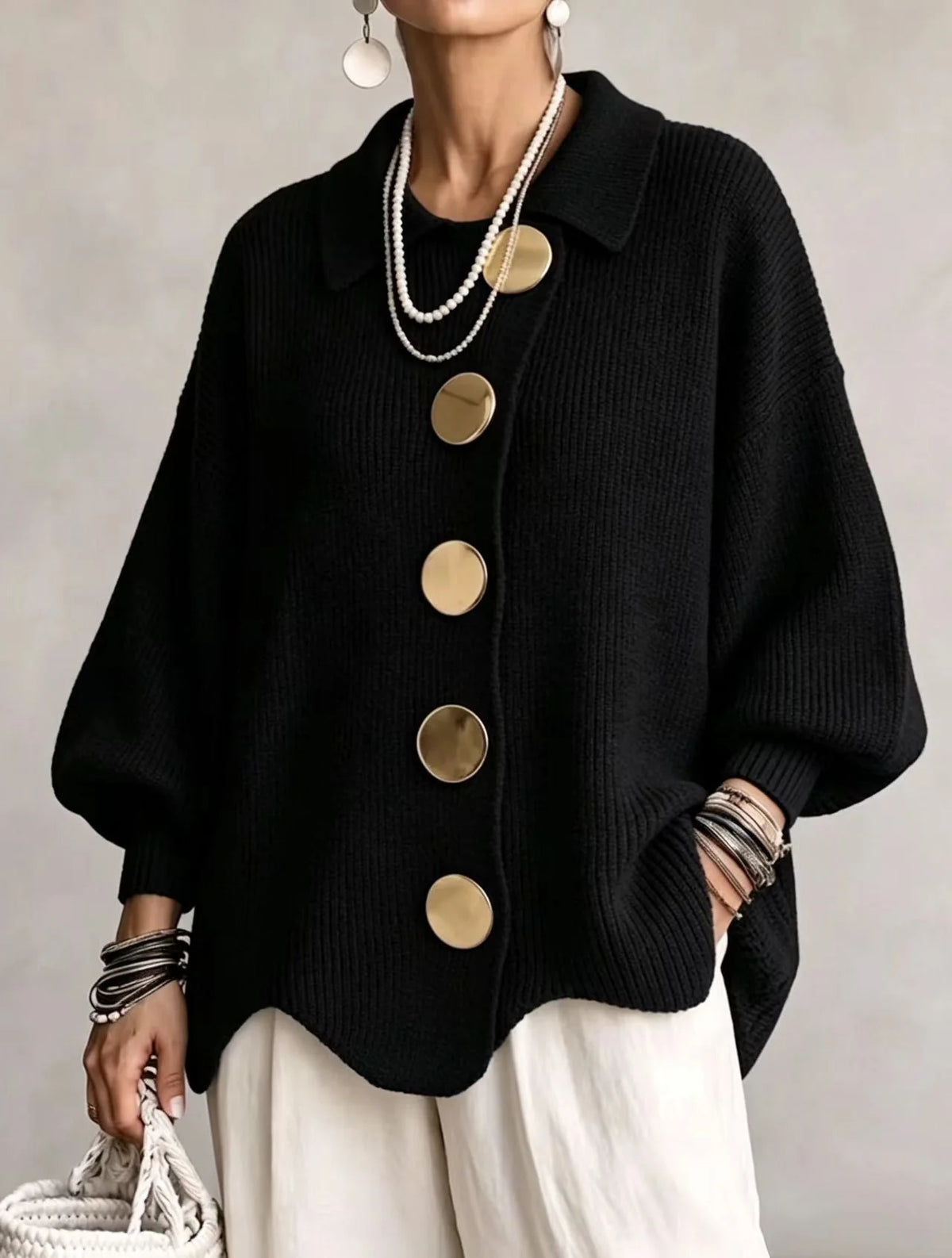 Isadora Oversized Button Cardigan in Black