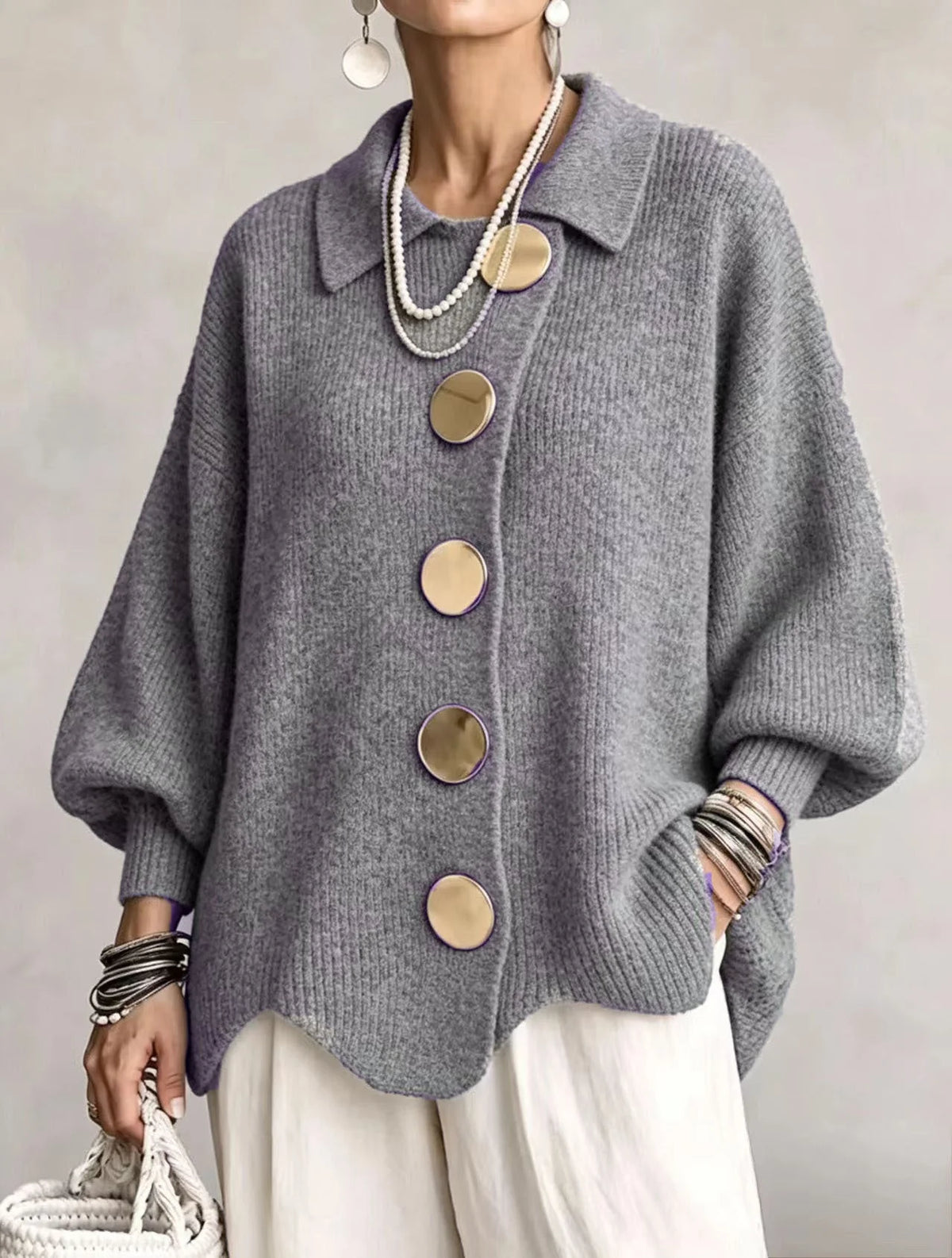 Isadora Oversized Button Cardigan in Gray