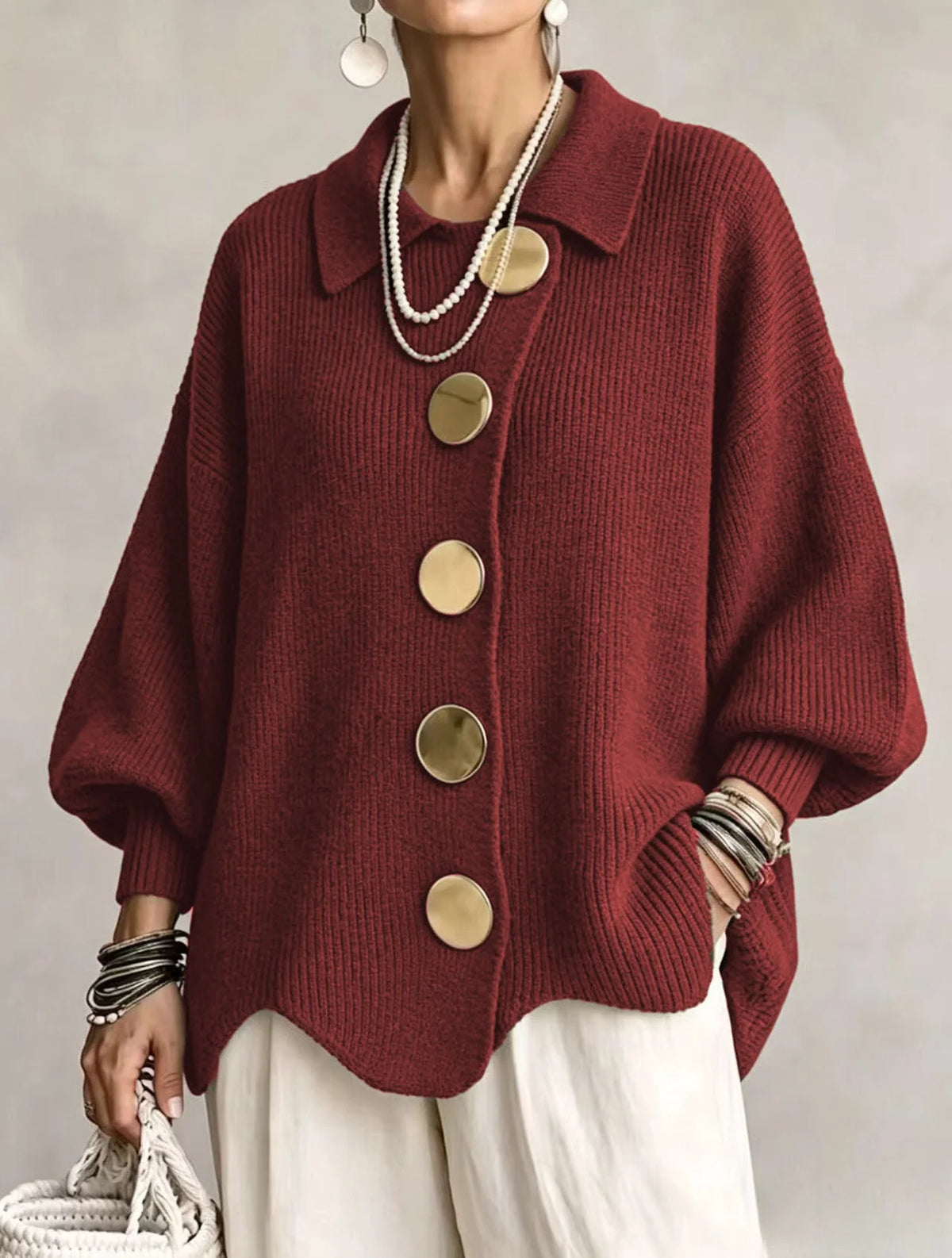 Isadora Oversized Button Cardigan in Burgundy
