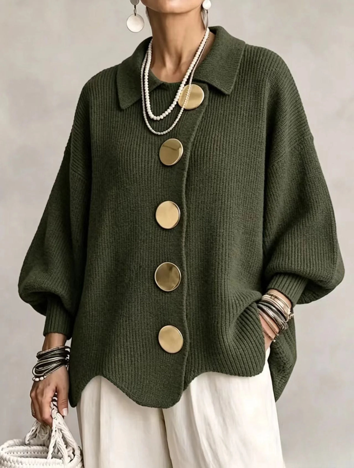 Isadora Oversized Button Cardigan in Olive Green