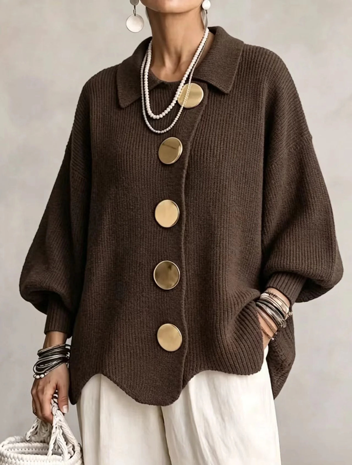 Isadora Oversized Button Cardigan in Brown