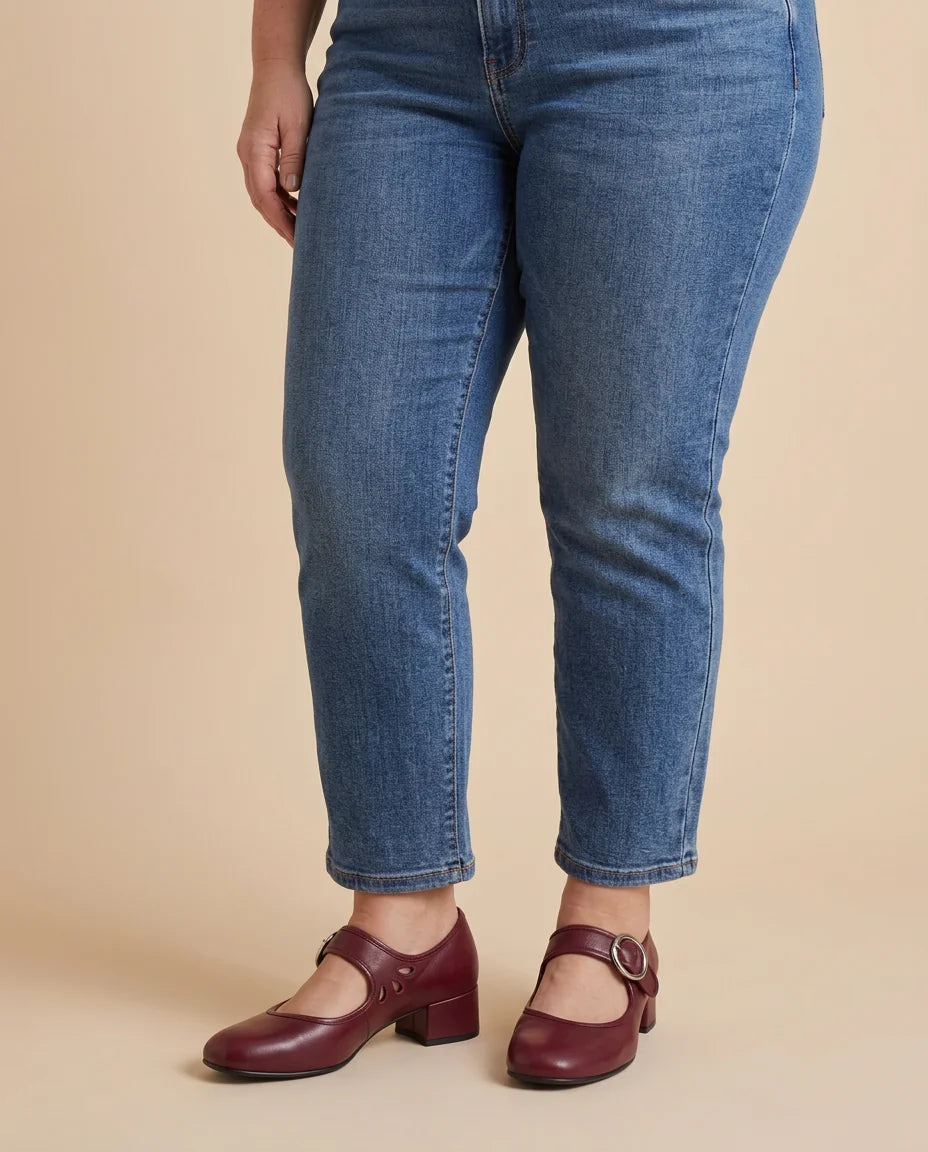 Buckle Strap Block Heel Mary Jane Shoes worn by a woman with curves