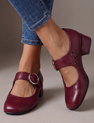 Buckle Strap Block Heel Mary Jane Shoes in Burgundy