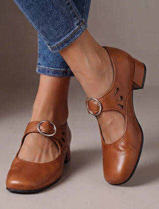 Buckle Strap Block Heel Mary Jane Shoes in Cognac