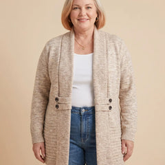 Open Front Button Waist Long Cardigan worn by a woman with curves