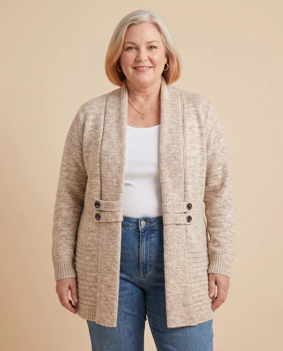 Open Front Button Waist Long Cardigan worn by a woman with curves
