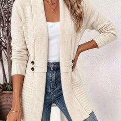 Open Front Button Waist Long Cardigan in Cream
