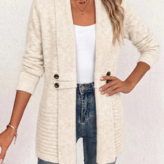 Open Front Button Waist Long Cardigan in Cream